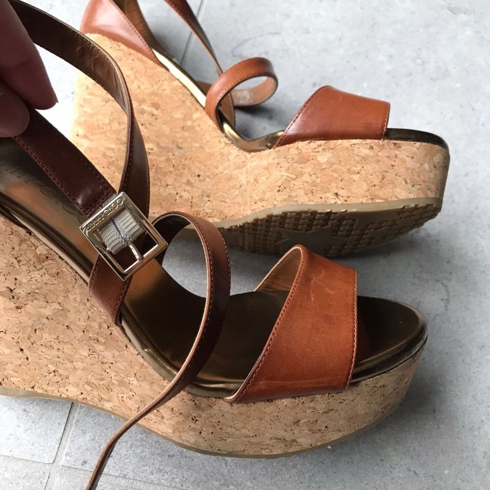 EUC Jimmy Choo Portia Crisscross Cork Wedge Canyon tan leather - Picture 8 of 12
